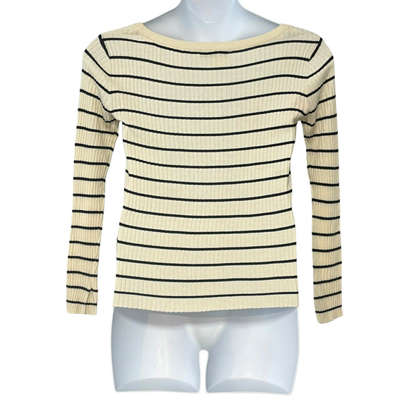 Zara Size L Knit Cardigan Beige Black Stripes Scoop Neck Button Front Fitted - Picture 3 of 10